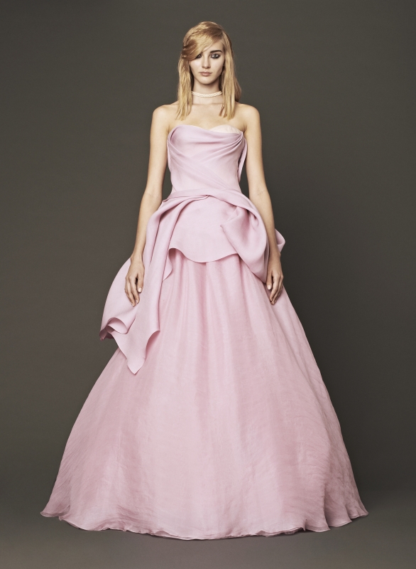 Vera Wang - Fall 2014 Bridal Collection - Wedding Dress Look 4
<br><br>
Petal strapless silk gazaar ball gown with hand draped bodice accented by exposed corset neckline and peony organic pleated flower.

<br><br>